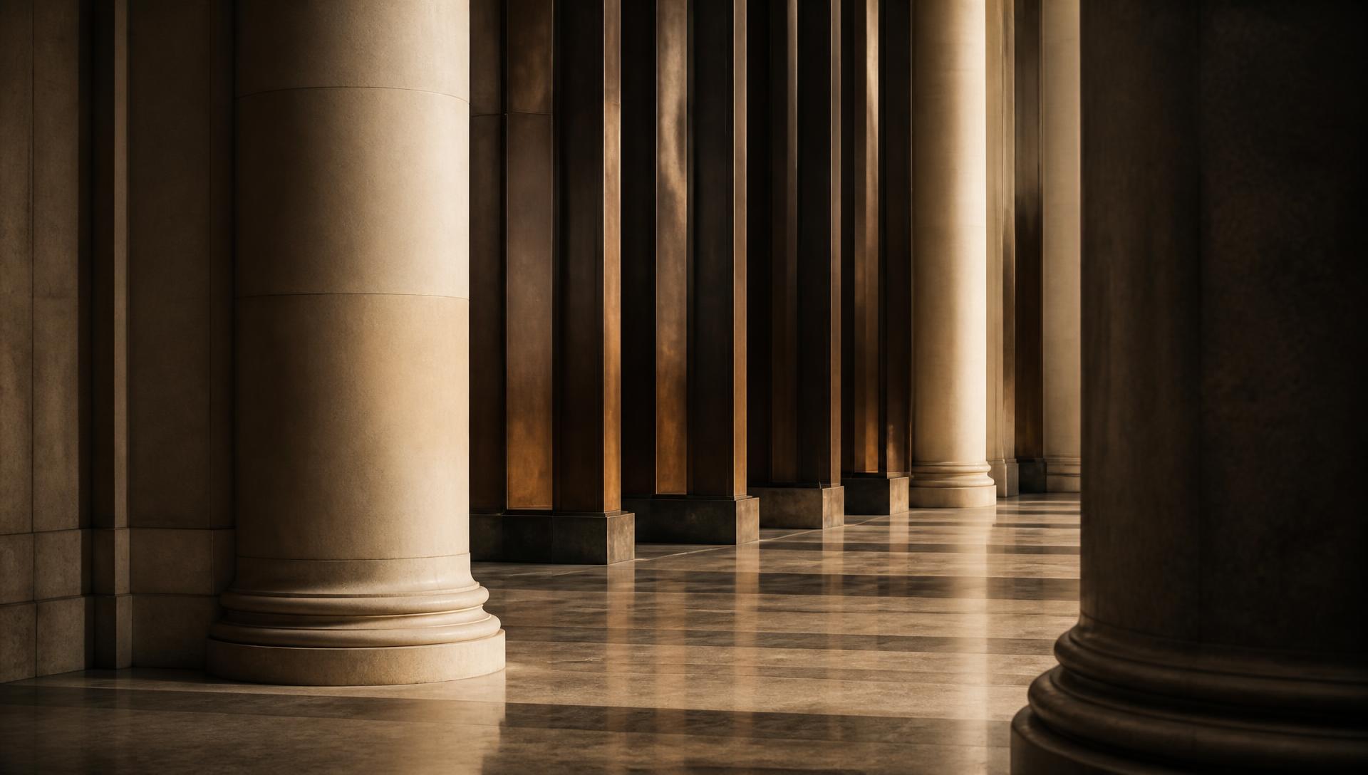 Stone and bronze colonnade in warm directional light, evoking institutional permanence